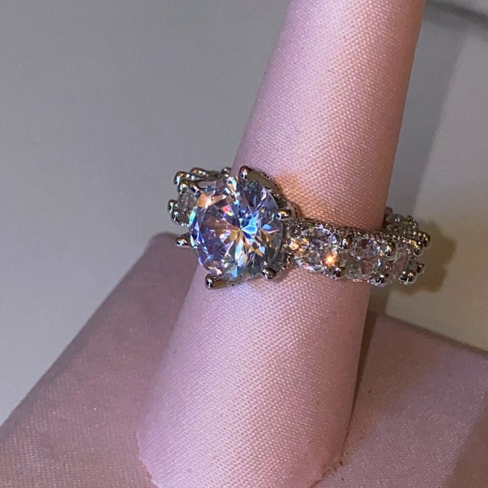 New‎ - Size 7 Clear White Round CZ Solitaire Ring Prong Band Silver Gemstone - Picture 4 of 5
